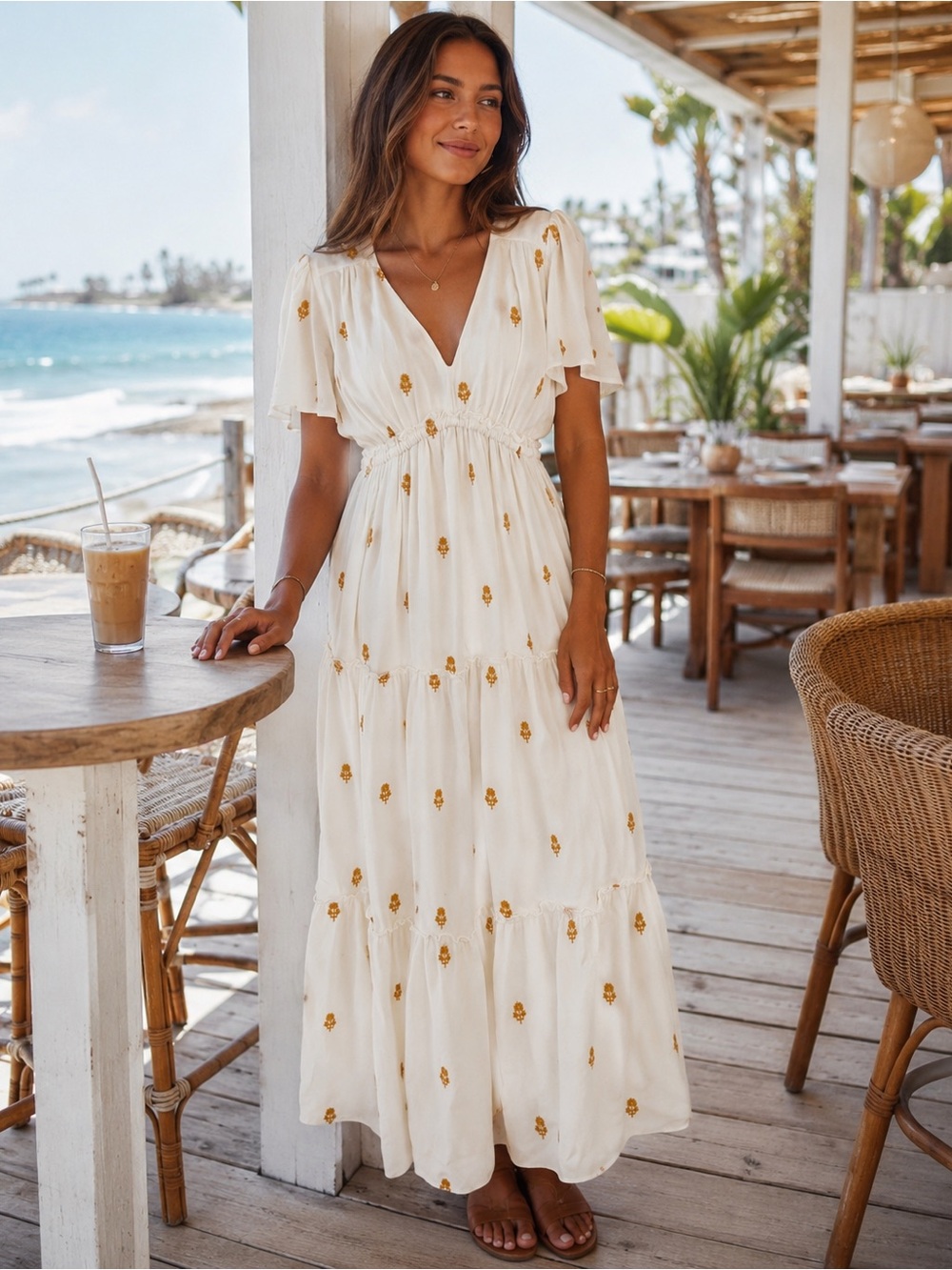 In Loom Ivory Embroidered Tiered Maxi Dress Boho Flutter Sleeve Small